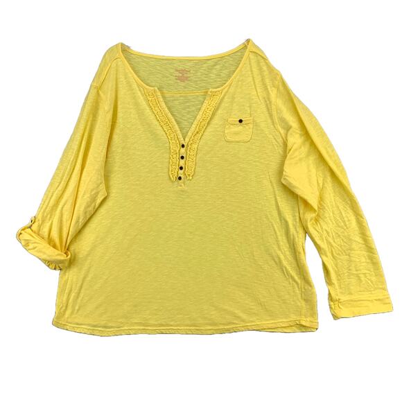 Northcrest Women Henley Long Sleeve Top Plus Size 2X Yellow Roll Tab Sleeve - Picture 1 of 11
